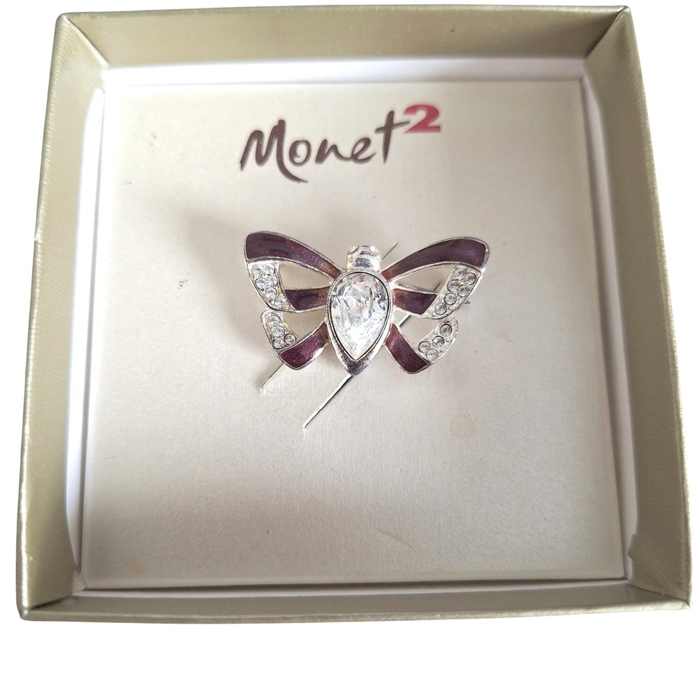 Monet Purple Enamel Butterfly Pin Silver Tone Crystal Rhinestone Brooch Vintage